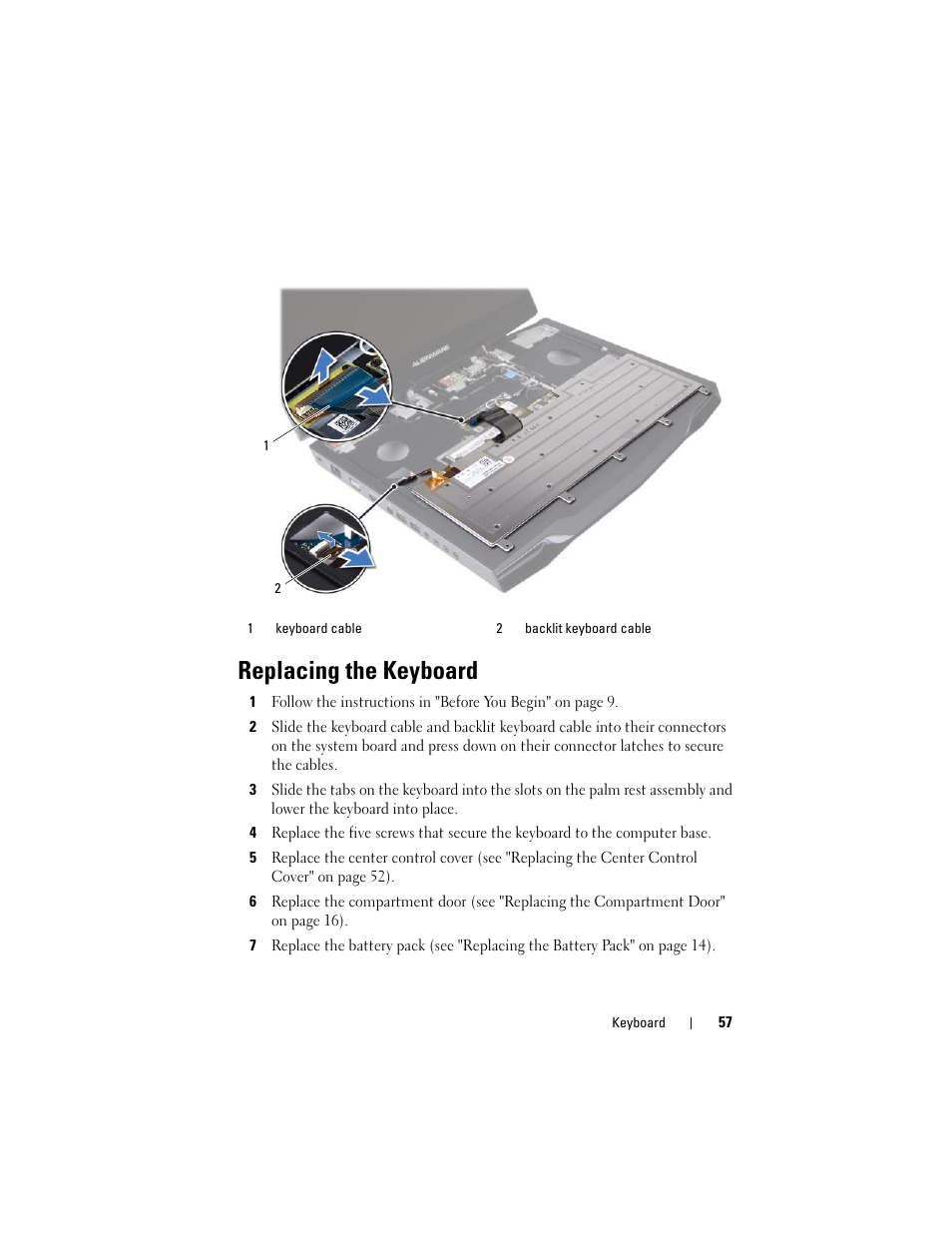 Replacing the keyboard | Dell Alienware M17x R3 (Early 2011) User Manual | Page 57 / 110