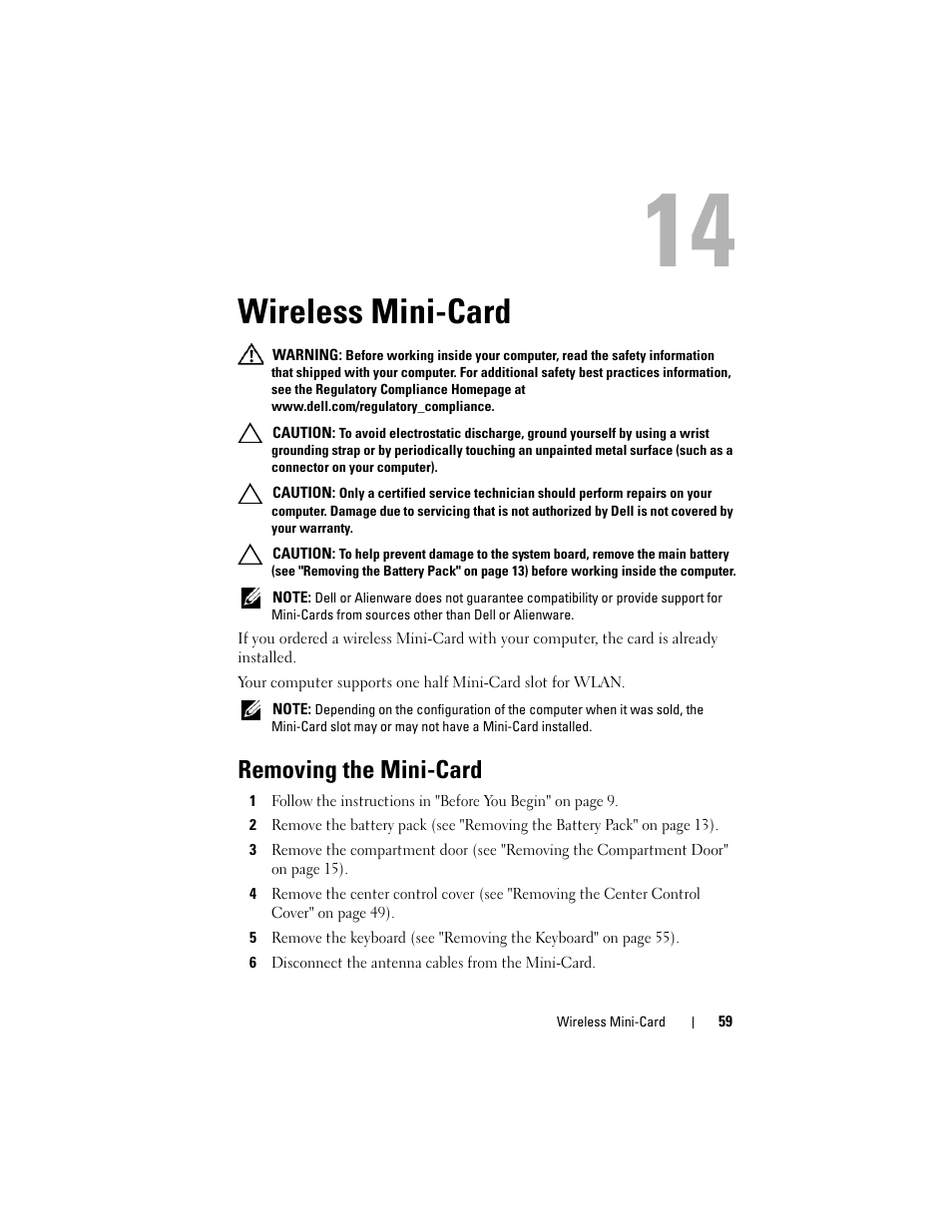 Wireless mini-card, Removing the mini-card, 6 disconnect the antenna cables from the mini-card | Dell Alienware M17x R3 (Early 2011) User Manual | Page 59 / 110