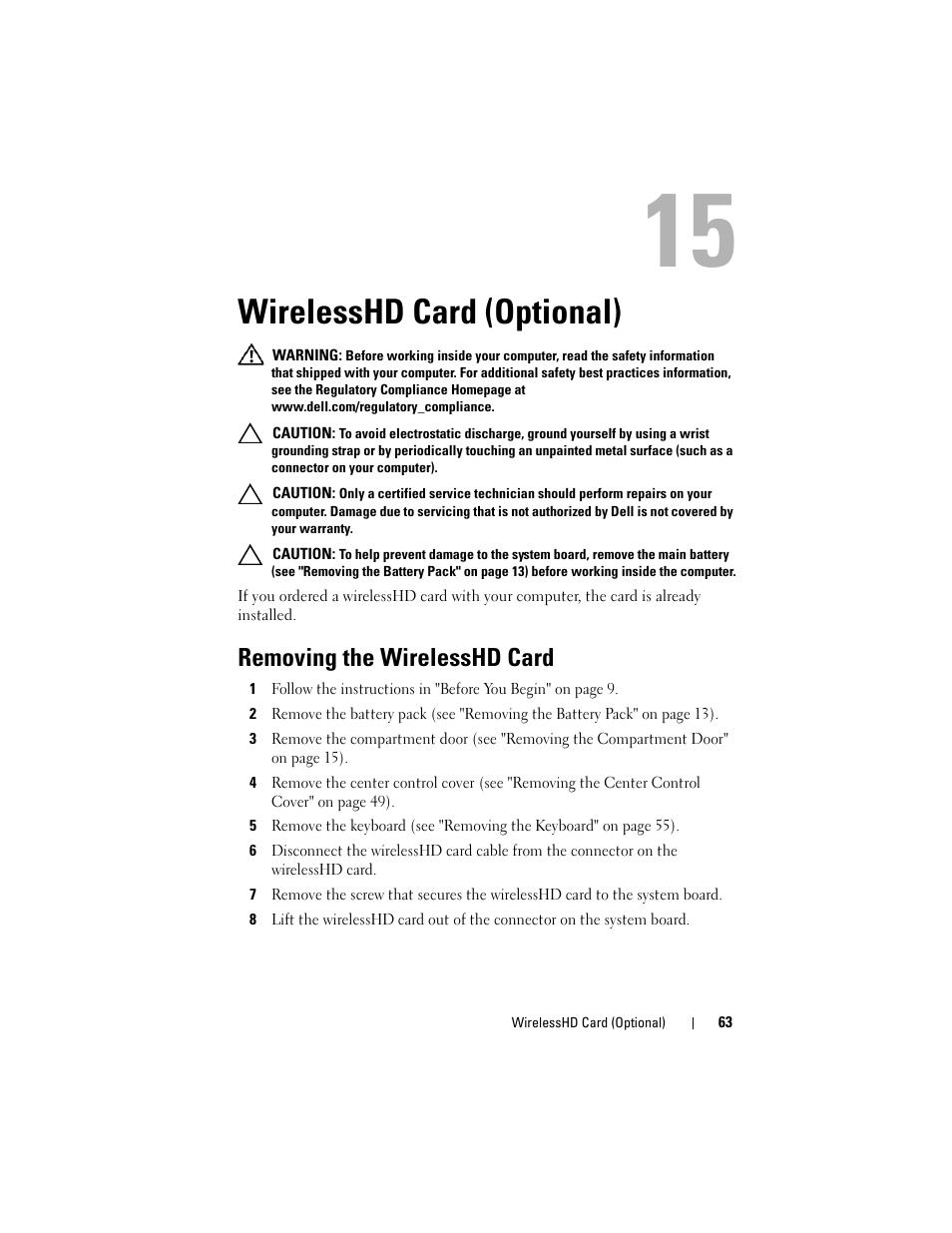 Wirelesshd card (optional), Removing the wirelesshd card | Dell Alienware M17x R3 (Early 2011) User Manual | Page 63 / 110