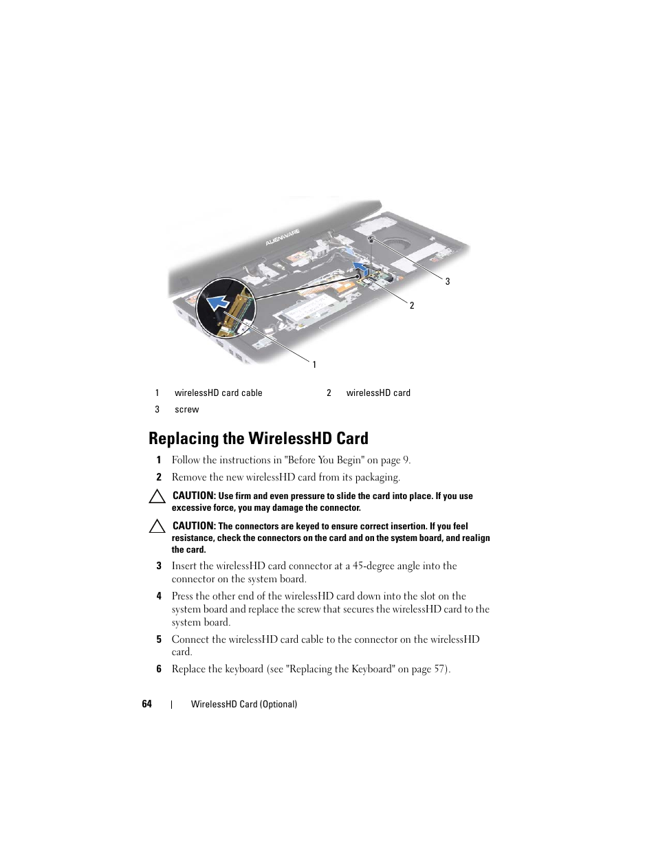 Replacing the wirelesshd card | Dell Alienware M17x R3 (Early 2011) User Manual | Page 64 / 110