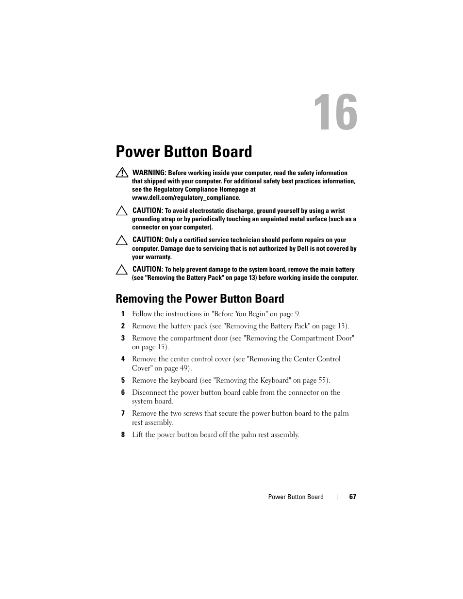 Power button board, Removing the power button board | Dell Alienware M17x R3 (Early 2011) User Manual | Page 67 / 110