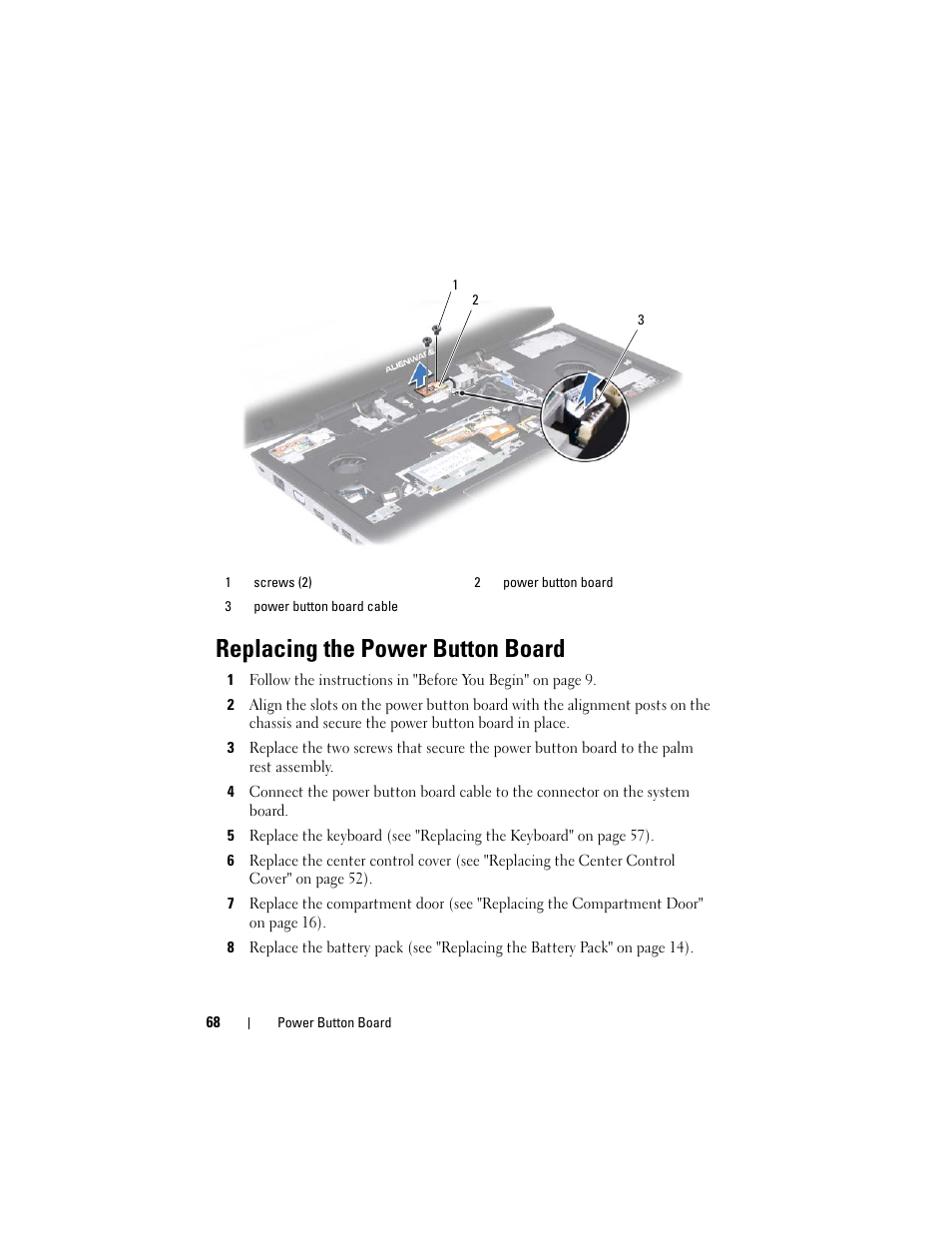 Replacing the power button board | Dell Alienware M17x R3 (Early 2011) User Manual | Page 68 / 110