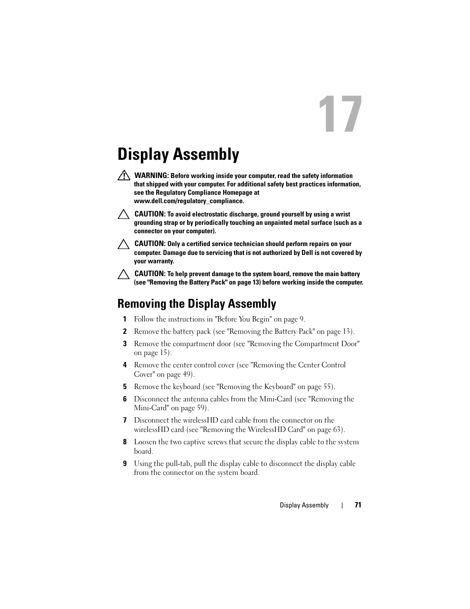 Display assembly, Removing the display assembly | Dell Alienware M17x R3 (Early 2011) User Manual | Page 71 / 110