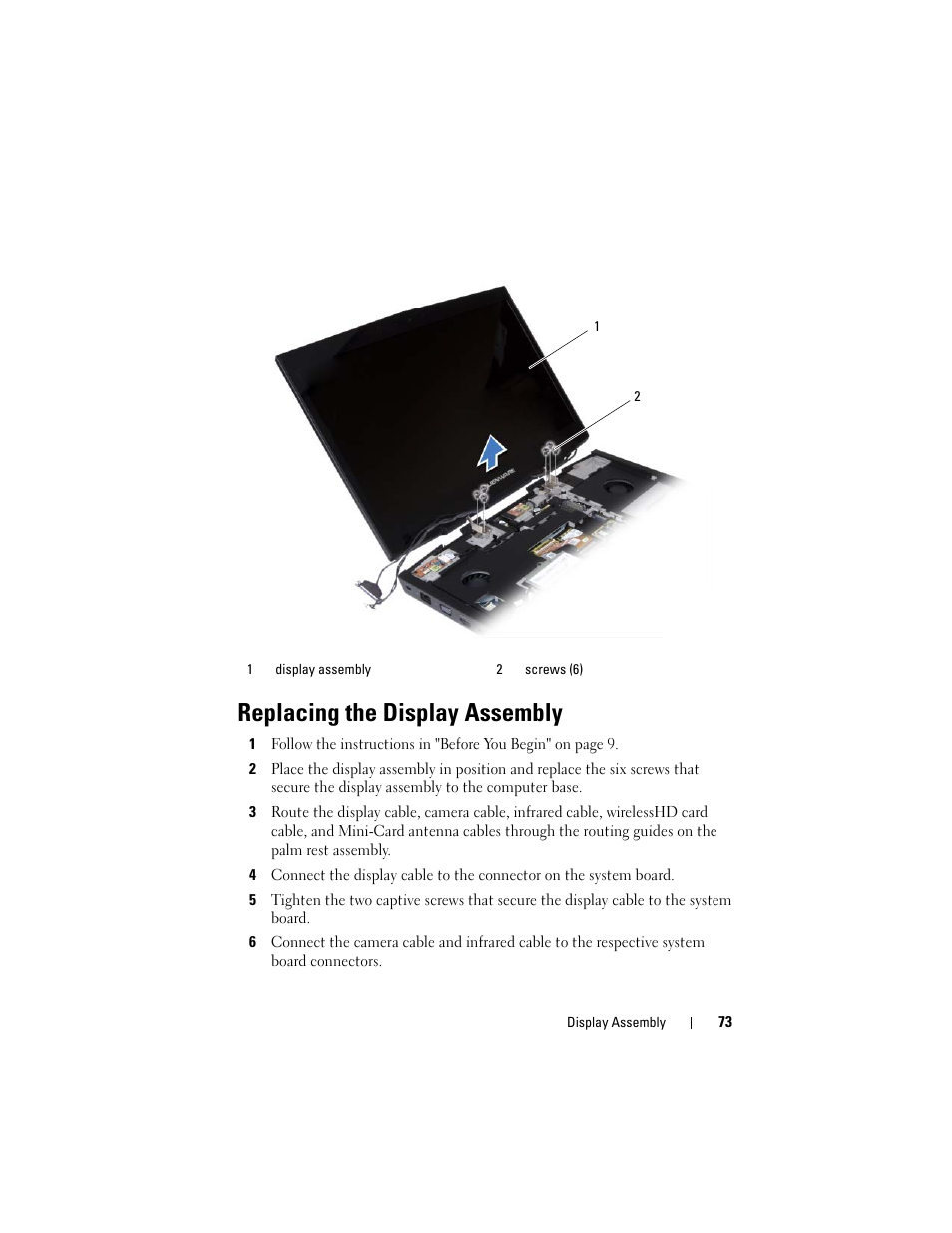 Replacing the display assembly | Dell Alienware M17x R3 (Early 2011) User Manual | Page 73 / 110