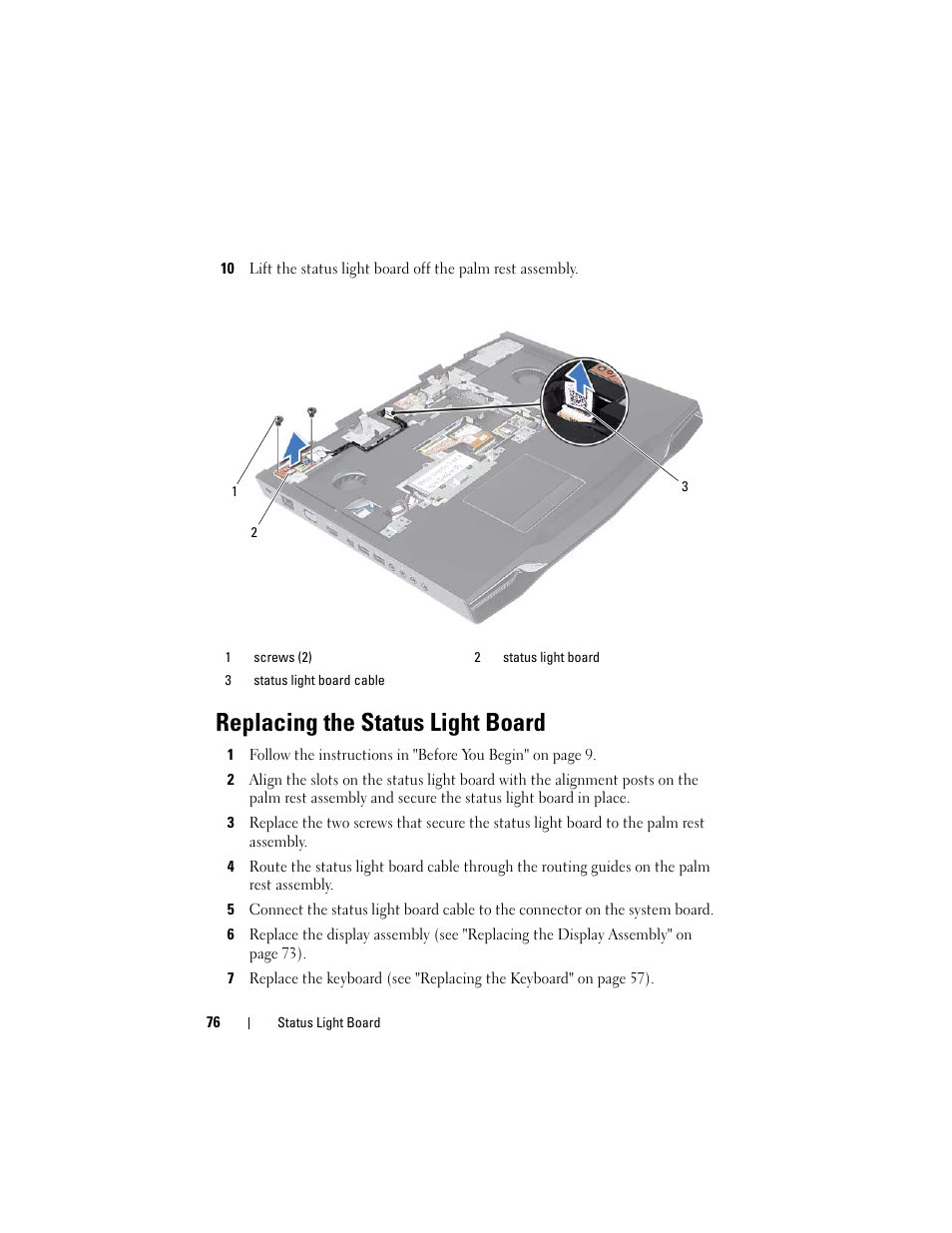 Replacing the status light board | Dell Alienware M17x R3 (Early 2011) User Manual | Page 76 / 110