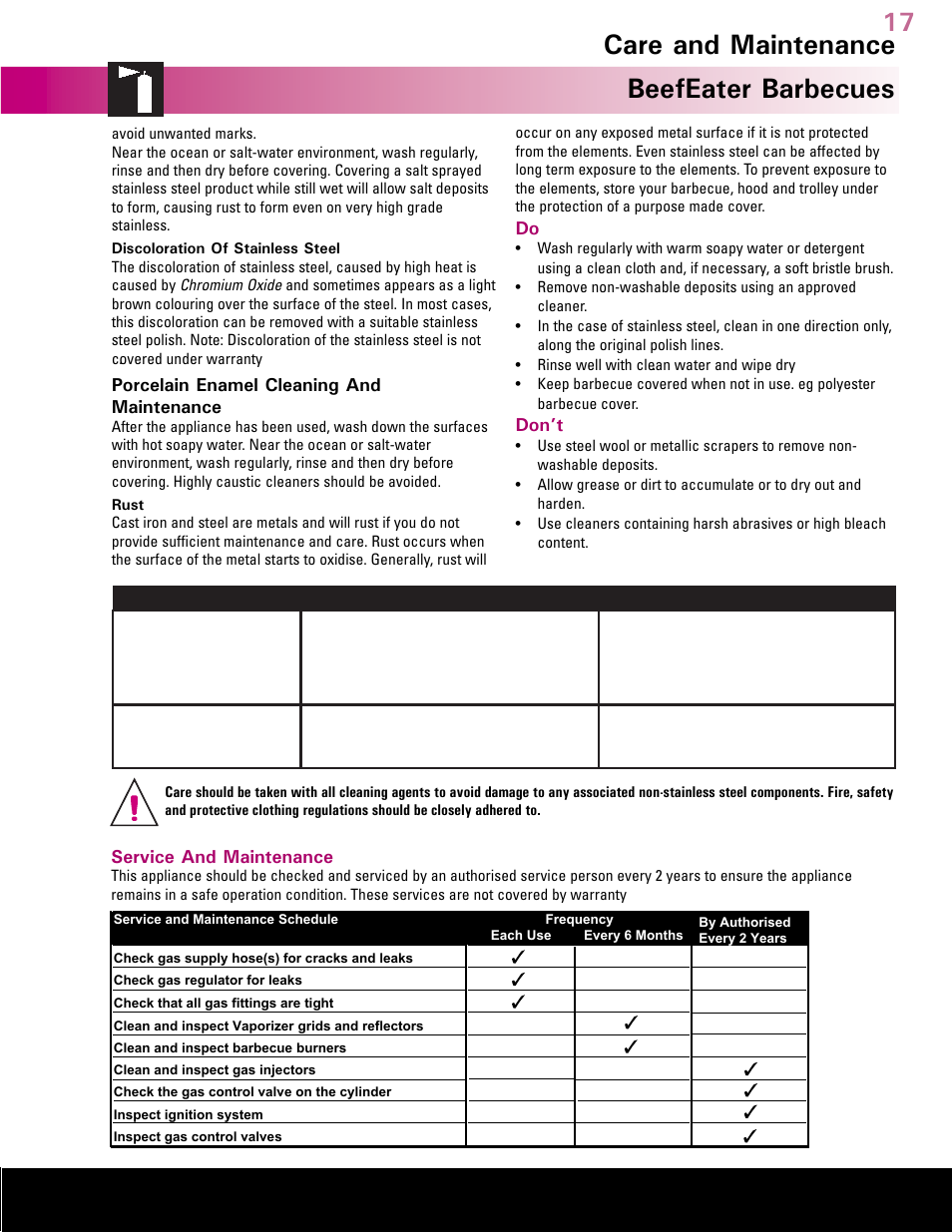 Australia’s leading barbecue, Beefeater barbecues, Care and maintenance | BeefEater Gas Barbecues User Manual | Page 17 / 24