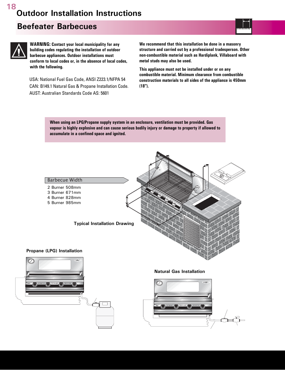 Australia’s leading barbecue, Beefeater barbecues, Outdoor installation instructions | BeefEater Gas Barbecues User Manual | Page 18 / 24