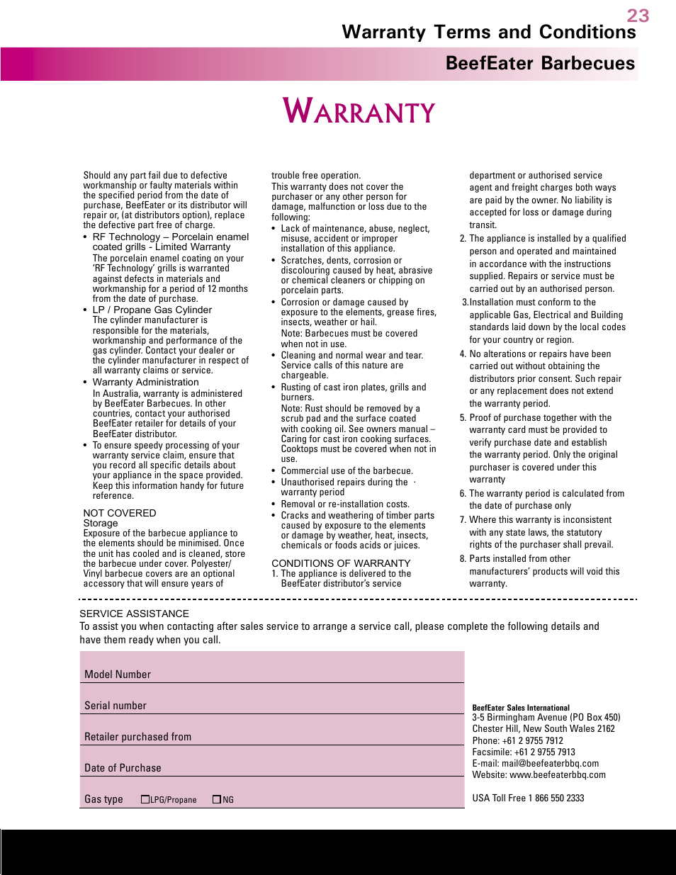 Australia’s leading barbecue, Arranty, Beefeater barbecues | Warranty terms and conditions | BeefEater Gas Barbecues User Manual | Page 23 / 24