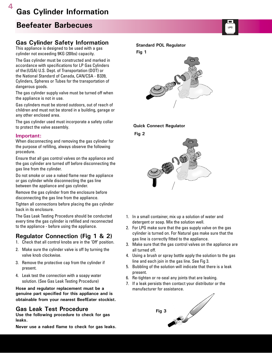 Australia’s leading barbecue, Beefeater barbecues, Gas cylinder information | Gas cylinder safety information, Regulator connection (fig 1 & 2), Gas leak test procedure | BeefEater Gas Barbecues User Manual | Page 4 / 24