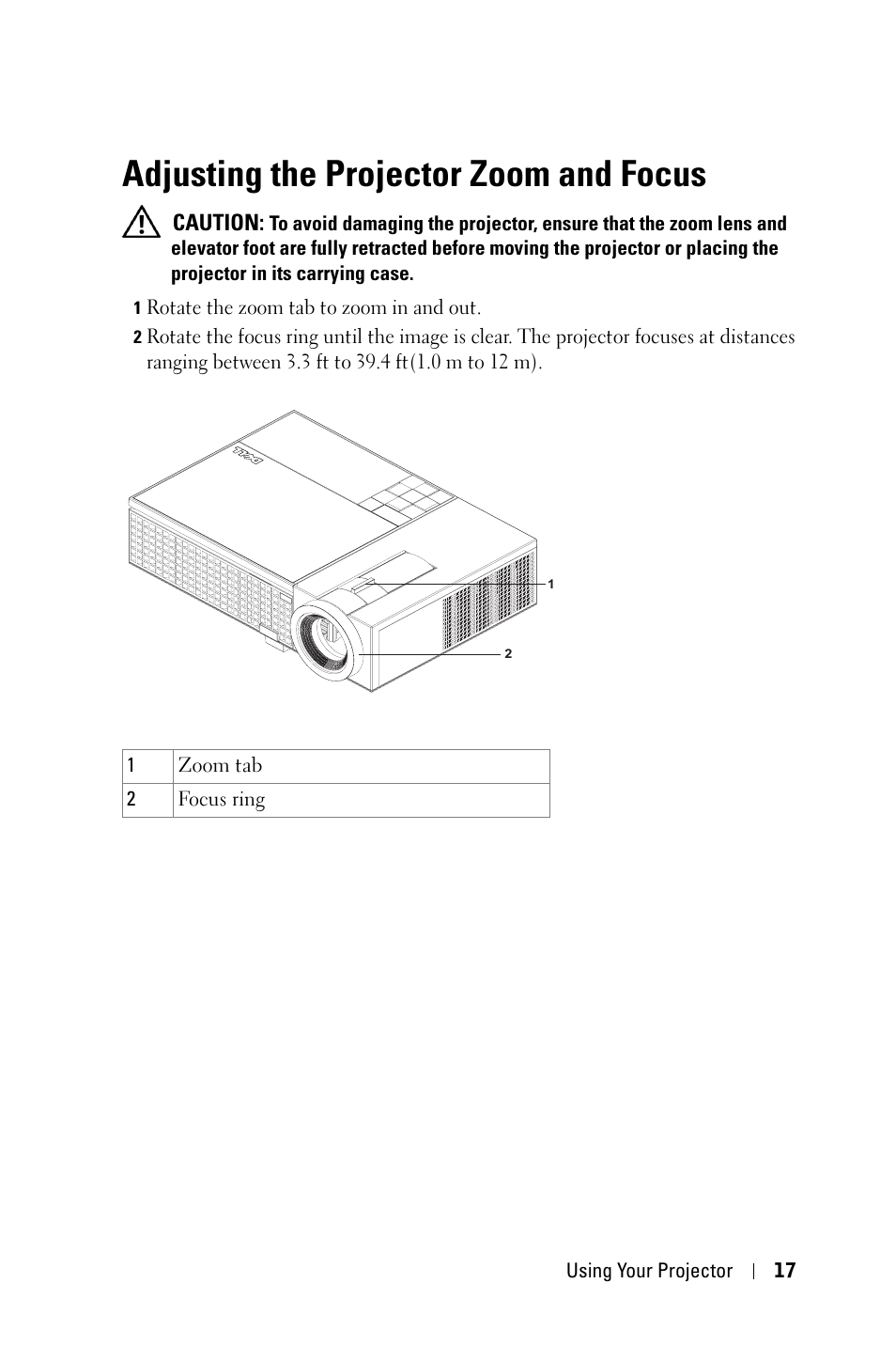Adjusting the projector zoom and focus | Dell 1409X Projector User Manual | Page 17 / 52
