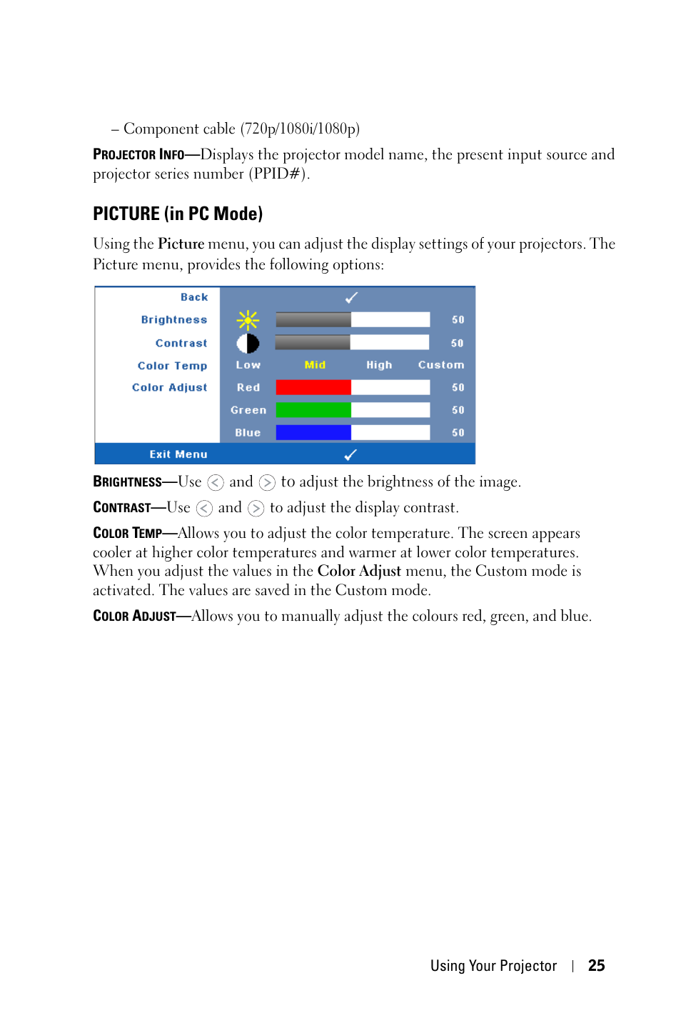 Picture (in pc mode) | Dell 1409X Projector User Manual | Page 25 / 52