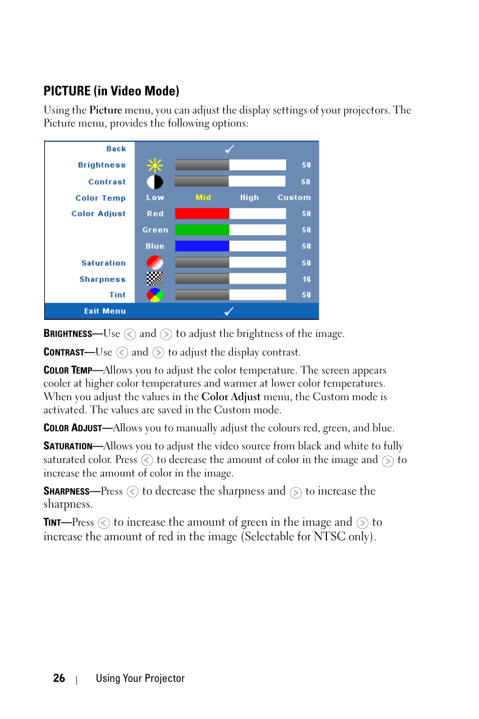 Picture (in video mode) | Dell 1409X Projector User Manual | Page 26 / 52