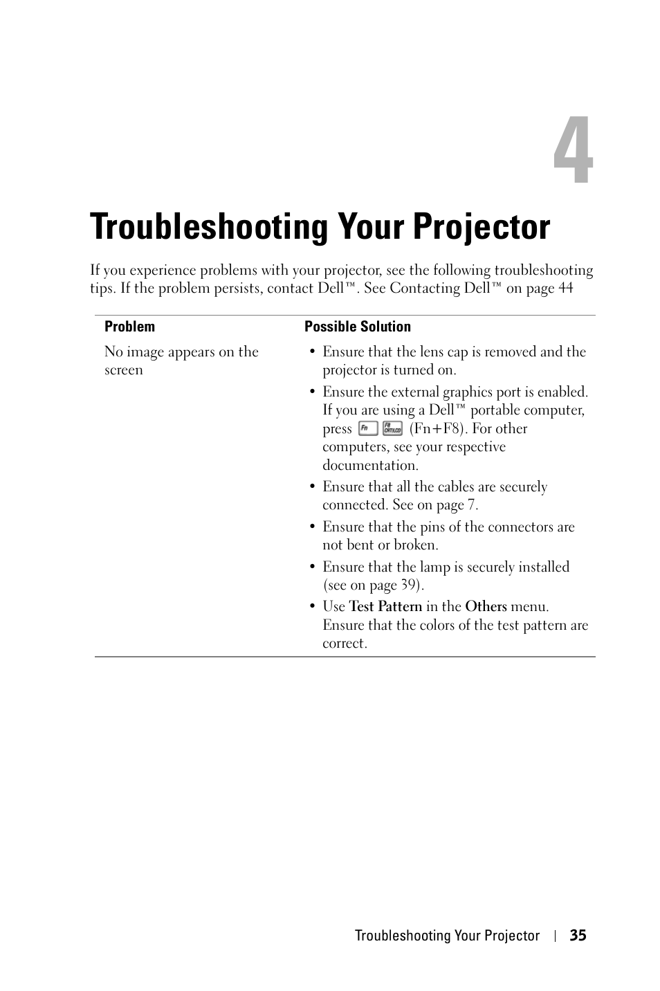 Troubleshooting your projector | Dell 1409X Projector User Manual | Page 35 / 52