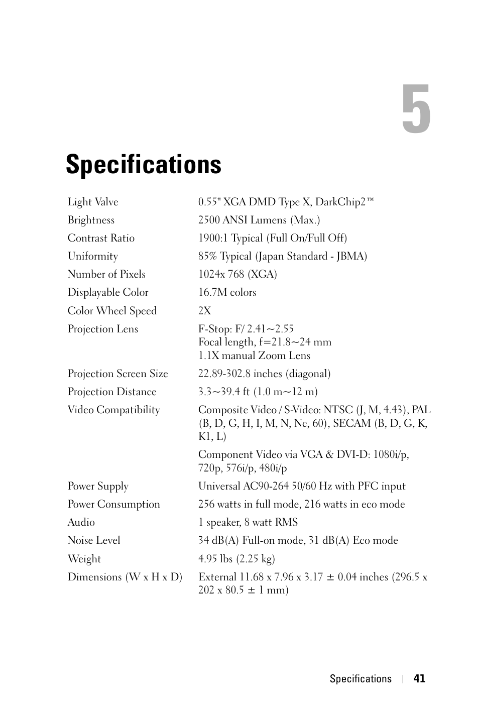 Specifications | Dell 1409X Projector User Manual | Page 41 / 52