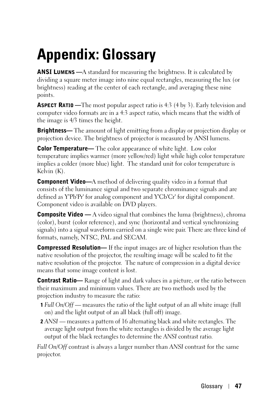 Appendix: glossary, Appendix, Glossary | Dell 1409X Projector User Manual | Page 47 / 52