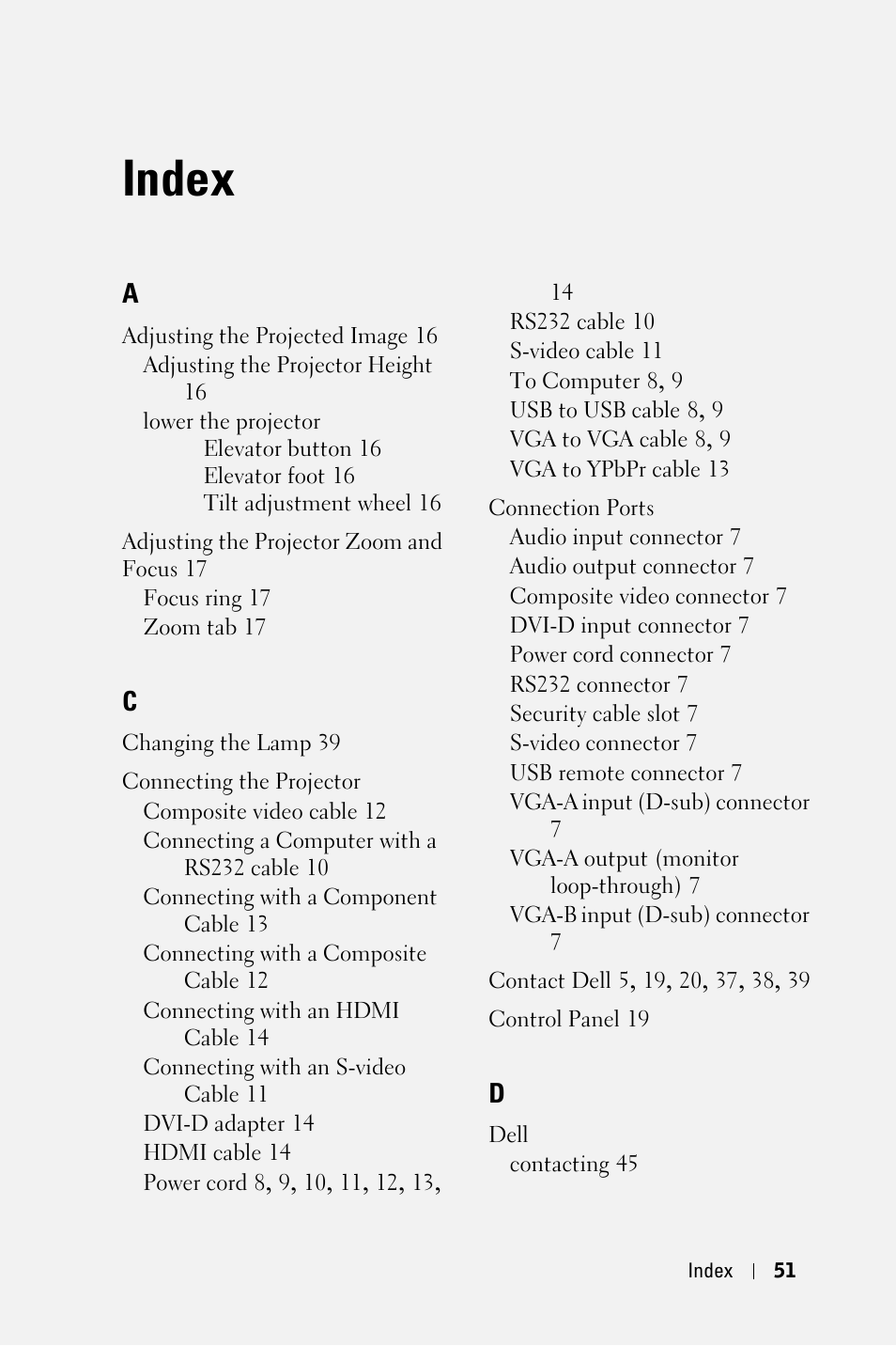 Index | Dell 1409X Projector User Manual | Page 51 / 52