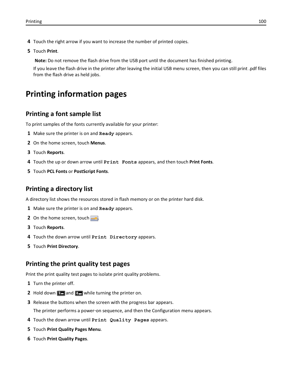 Printing a font sample list, Printing a directory list, Printing information pages | Printing the print quality test pages | Dell 3333/3335dn Mono Laser Printer User Manual | Page 100 / 302