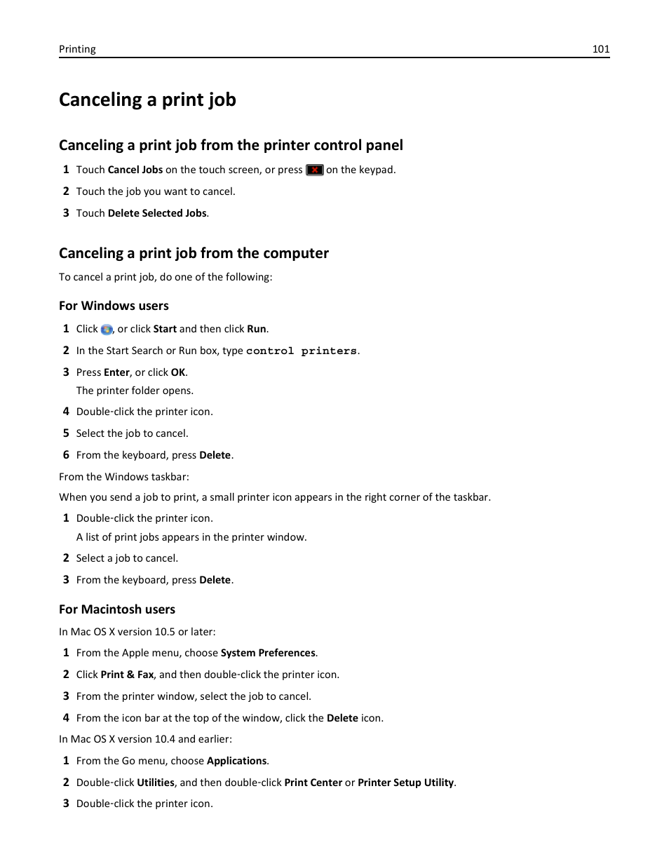 Canceling a print job, Canceling a print job from the computer | Dell 3333/3335dn Mono Laser Printer User Manual | Page 101 / 302