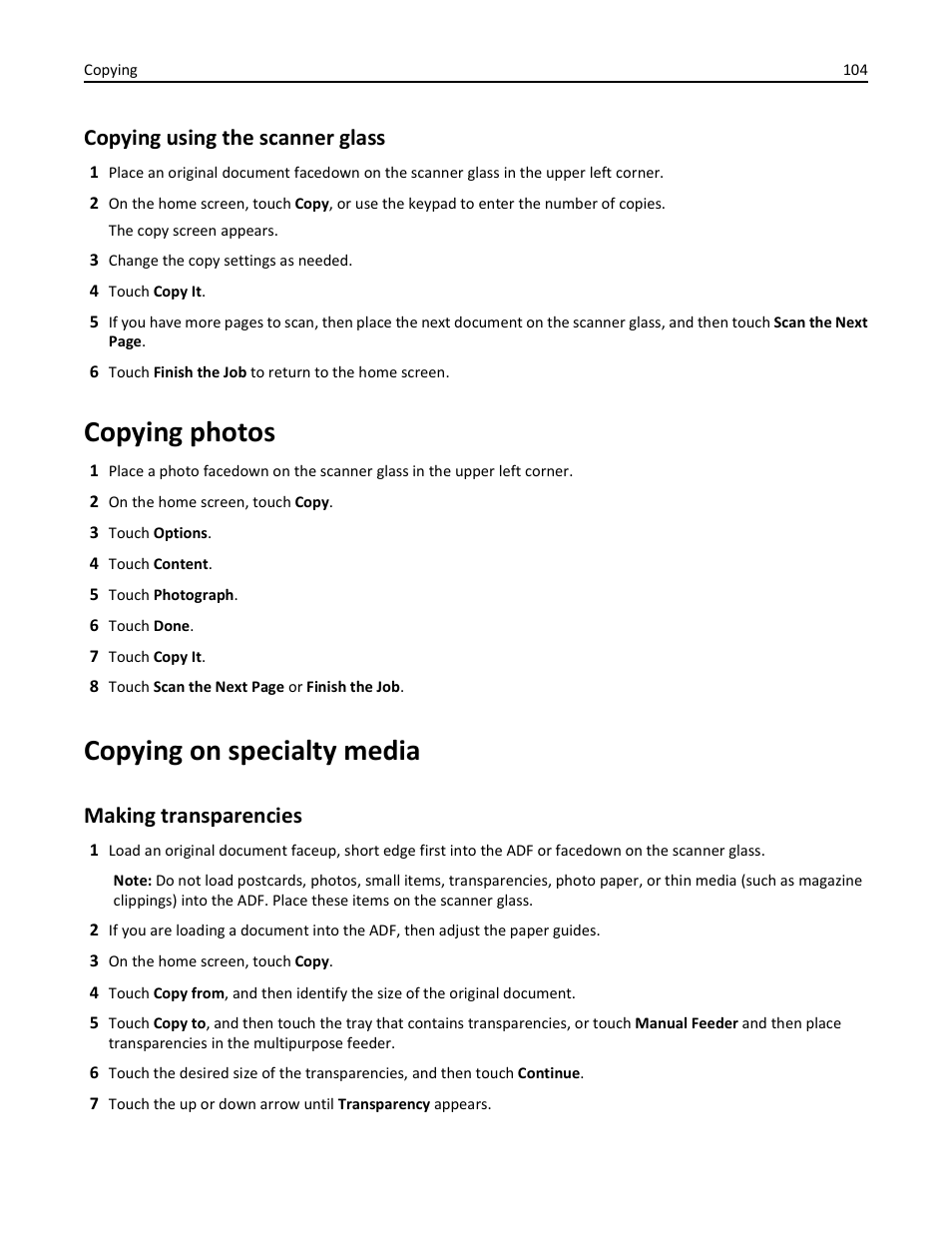 Copying using the scanner glass, Copying photos, Copying on specialty media | Making transparencies | Dell 3333/3335dn Mono Laser Printer User Manual | Page 104 / 302