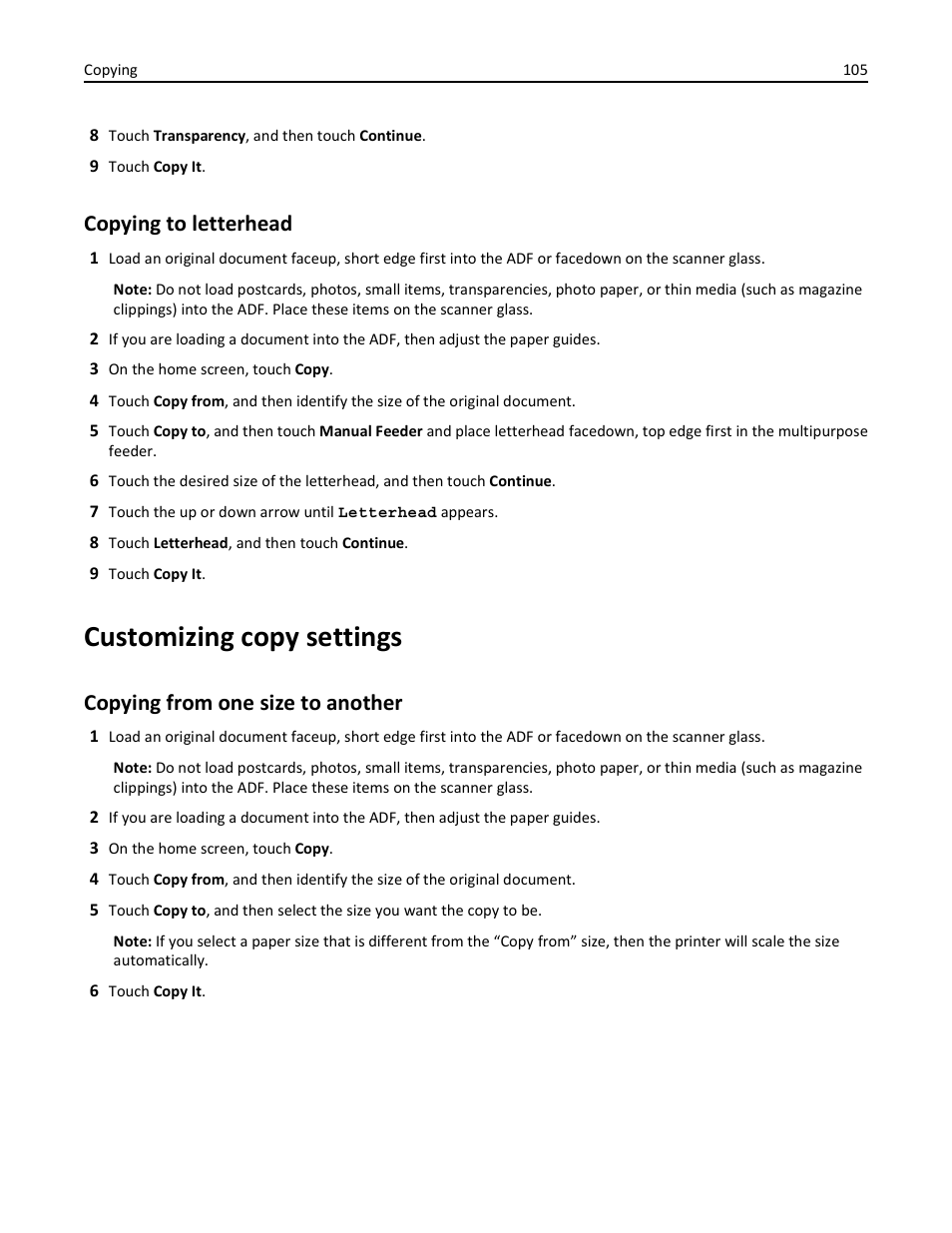 Copying to letterhead, Customizing copy settings, Copying from one size to another | Dell 3333/3335dn Mono Laser Printer User Manual | Page 105 / 302