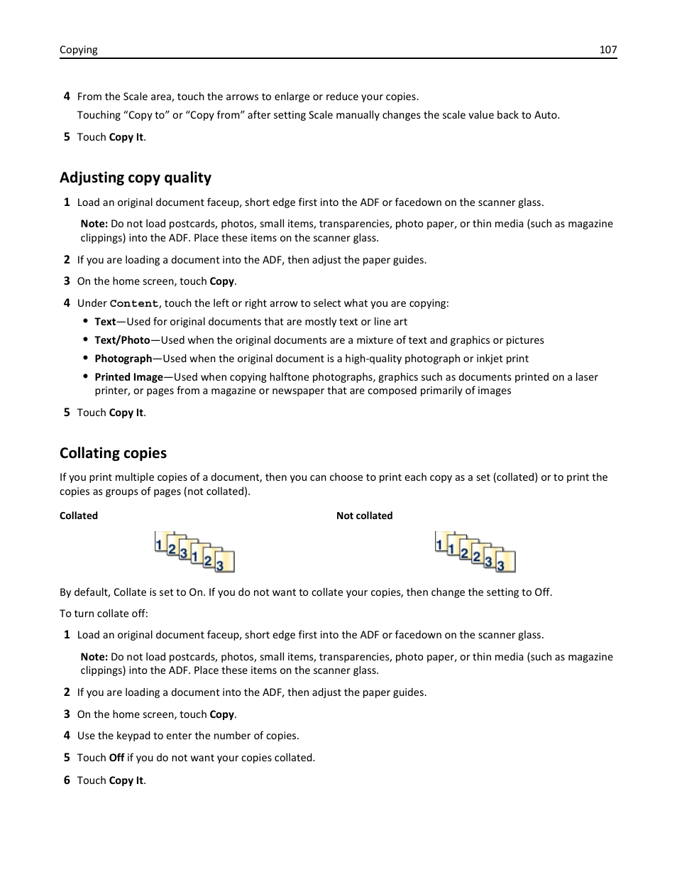Adjusting copy quality, Collating copies, Adjusting copy quality collating copies | Dell 3333/3335dn Mono Laser Printer User Manual | Page 107 / 302
