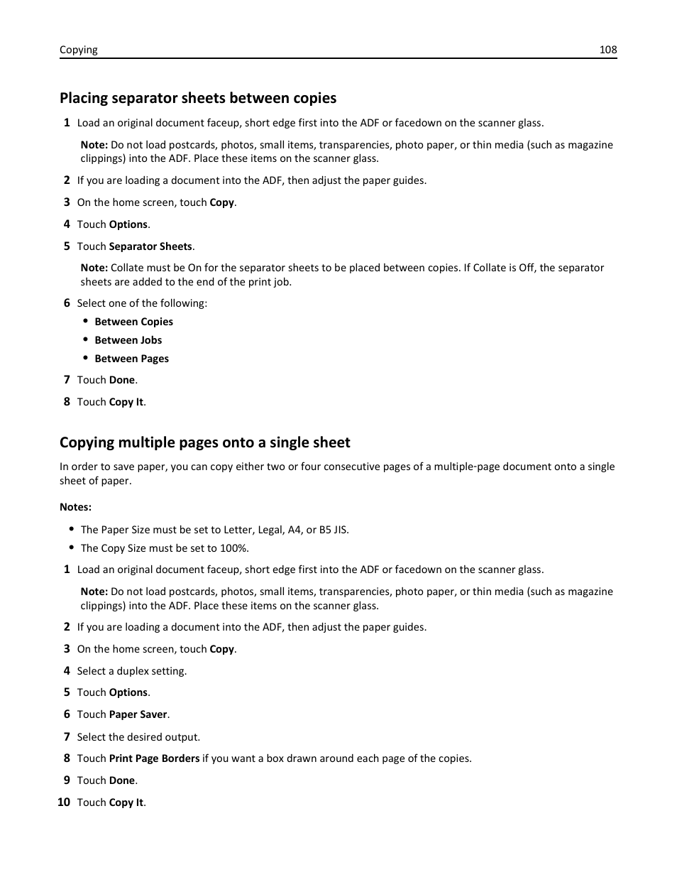 Placing separator sheets between copies, Copying multiple pages onto a single sheet | Dell 3333/3335dn Mono Laser Printer User Manual | Page 108 / 302