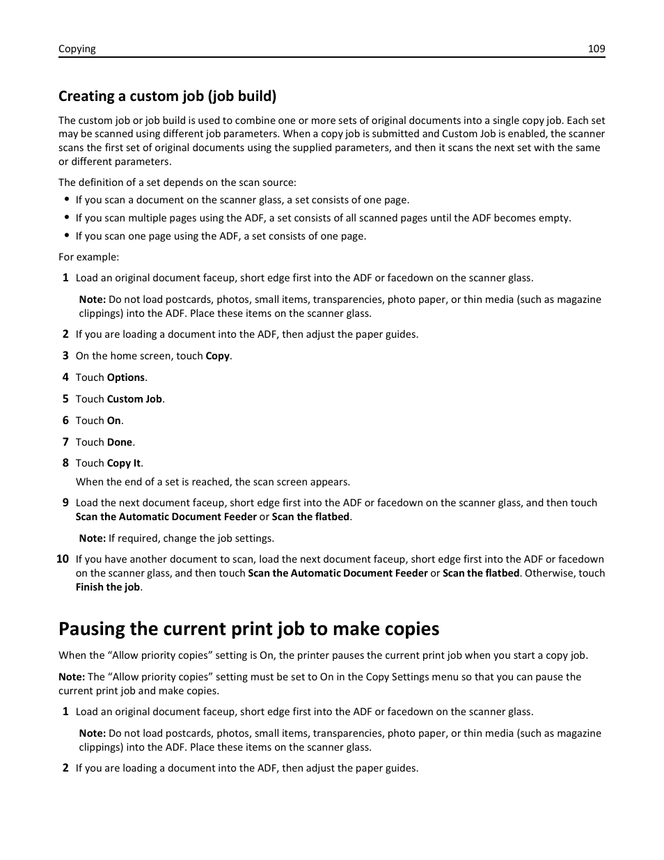 Creating a custom job (job build), Pausing the current print job to make copies | Dell 3333/3335dn Mono Laser Printer User Manual | Page 109 / 302