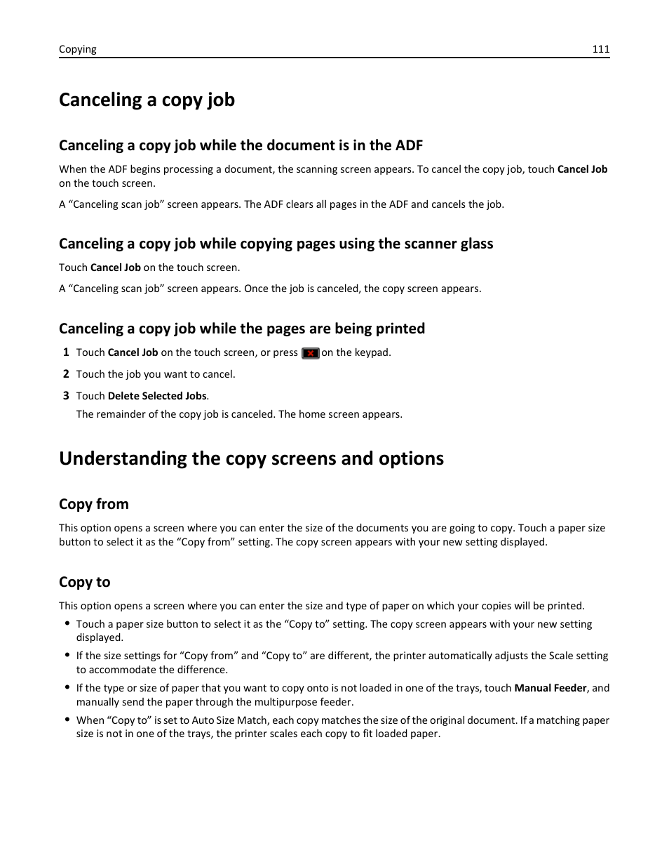 Canceling a copy job, Understanding the copy screens and options, Copy from | Copy to, Copy from copy to | Dell 3333/3335dn Mono Laser Printer User Manual | Page 111 / 302