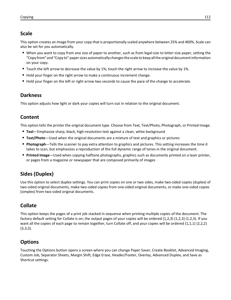 Scale, Darkness, Content | Sides (duplex), Collate, Options | Dell 3333/3335dn Mono Laser Printer User Manual | Page 112 / 302