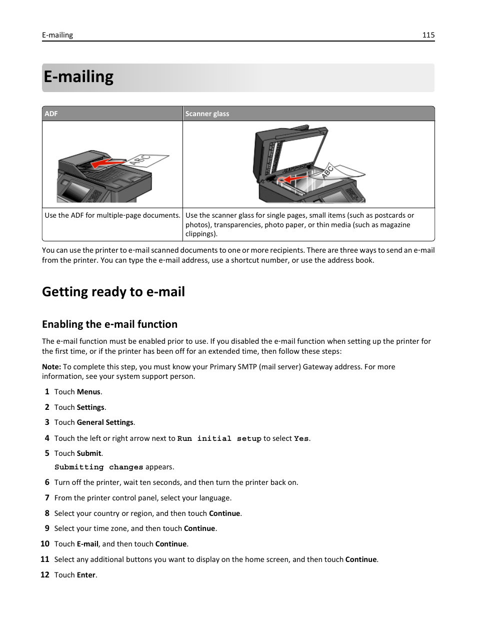 E-mailing, Getting ready to e-mail, Enabling the e-mail function | Enabling the e, Mail function, Enabling the e ‑ mail function | Dell 3333/3335dn Mono Laser Printer User Manual | Page 115 / 302