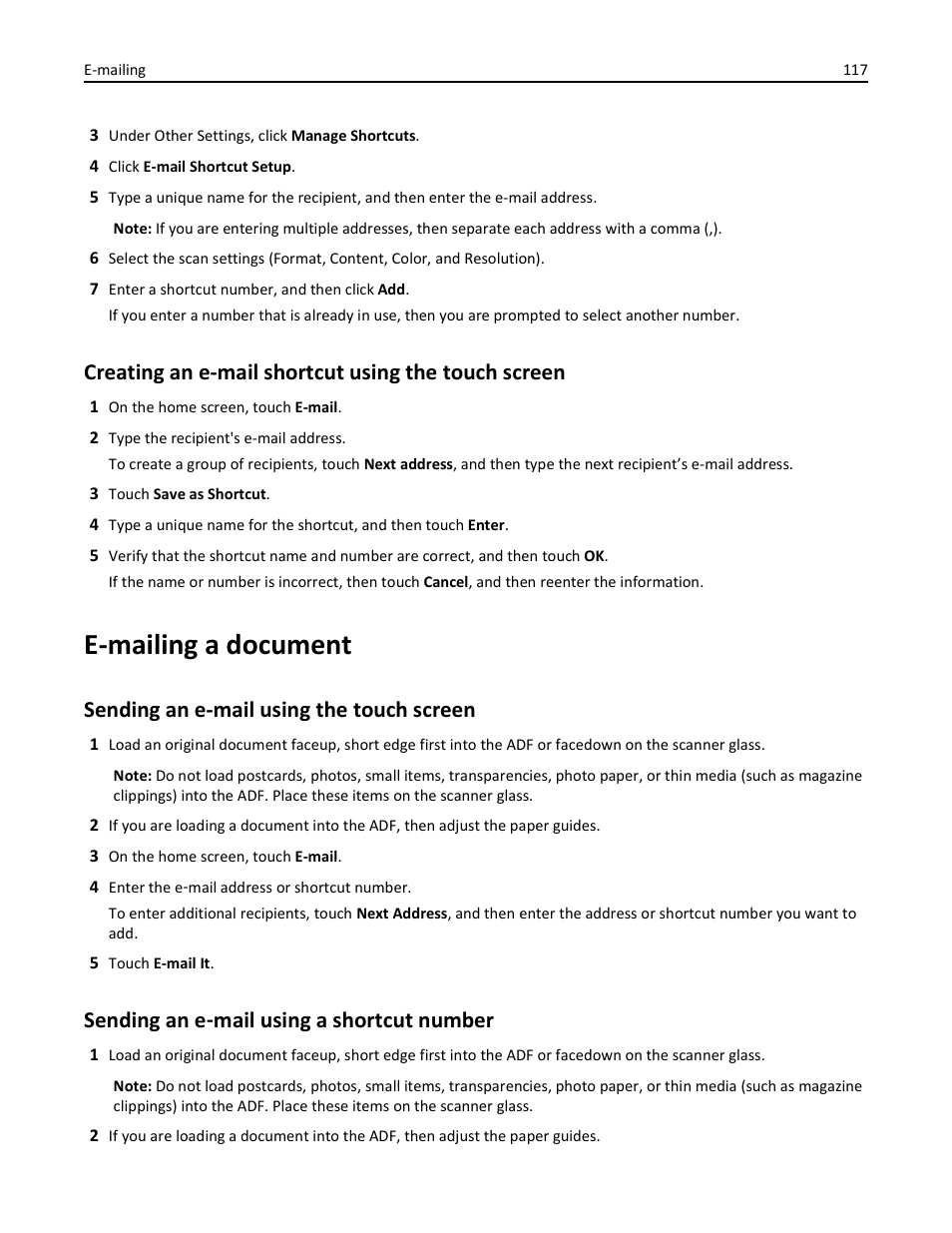 Creating an e-mail shortcut using the touch screen, E-mailing a document, Sending an e-mail using the touch screen | Sending an e-mail using a shortcut number, Mail using a shortcut number, Sending an e ‑ mail using a shortcut number | Dell 3333/3335dn Mono Laser Printer User Manual | Page 117 / 302