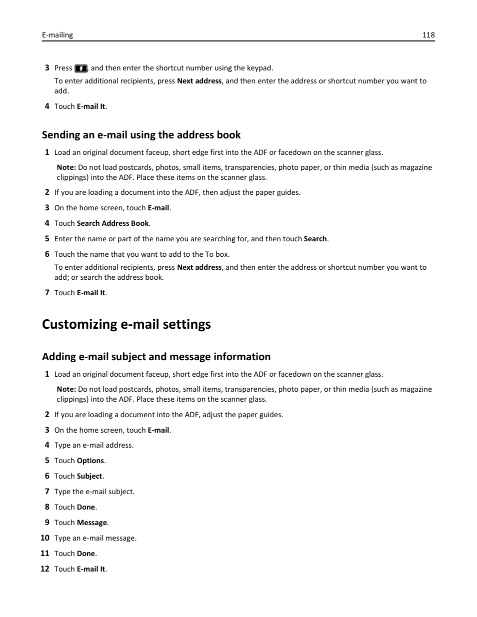 Sending an e-mail using the address book, Customizing e-mail settings, Adding e-mail subject and message information | Dell 3333/3335dn Mono Laser Printer User Manual | Page 118 / 302