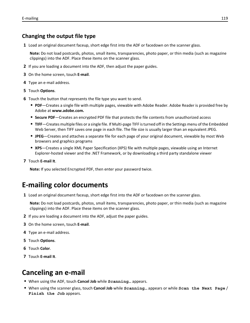 Changing the output file type, E-mailing color documents, Canceling an e-mail | Dell 3333/3335dn Mono Laser Printer User Manual | Page 119 / 302