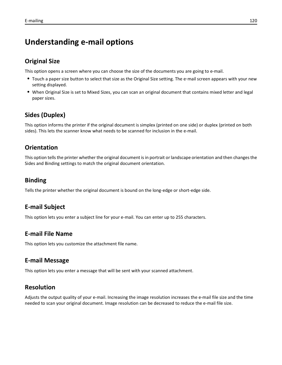 Understanding e-mail options, Original size, Sides (duplex) | Orientation, Binding, E-mail subject, E-mail file name, E-mail message, Resolution, Original size sides (duplex) orientation binding | Dell 3333/3335dn Mono Laser Printer User Manual | Page 120 / 302