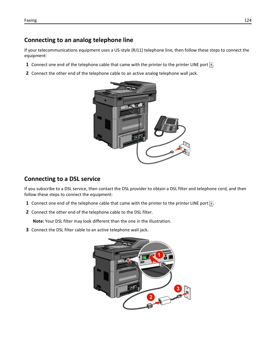 Connecting to an analog telephone line, Connecting to a dsl service | Dell 3333/3335dn Mono Laser Printer User Manual | Page 124 / 302