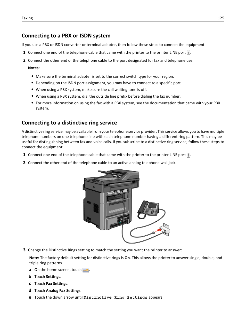 Connecting to a pbx or isdn system, Connecting to a distinctive ring service | Dell 3333/3335dn Mono Laser Printer User Manual | Page 125 / 302