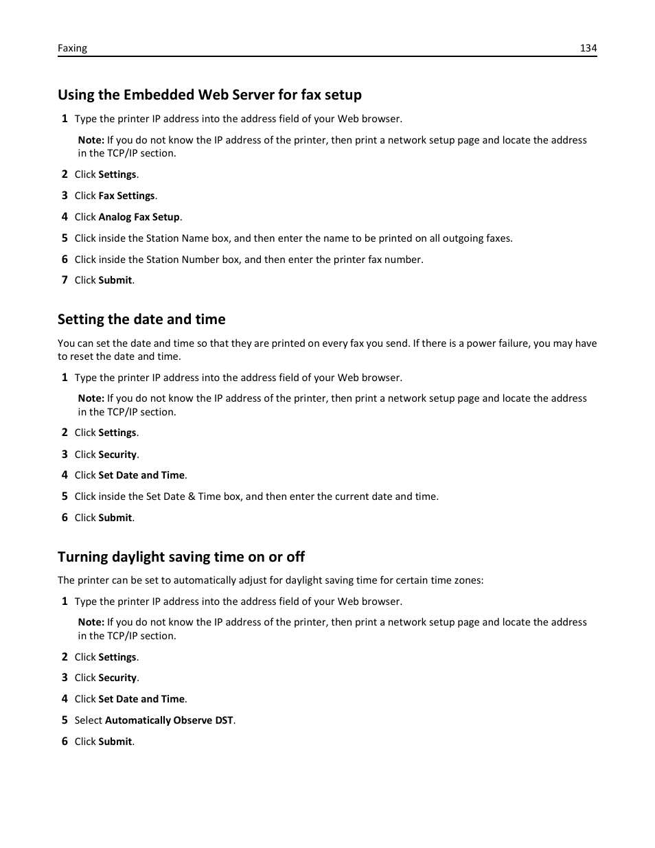 Using the embedded web server for fax setup, Setting the date and time, Turning daylight saving time on or off | Dell 3333/3335dn Mono Laser Printer User Manual | Page 134 / 302