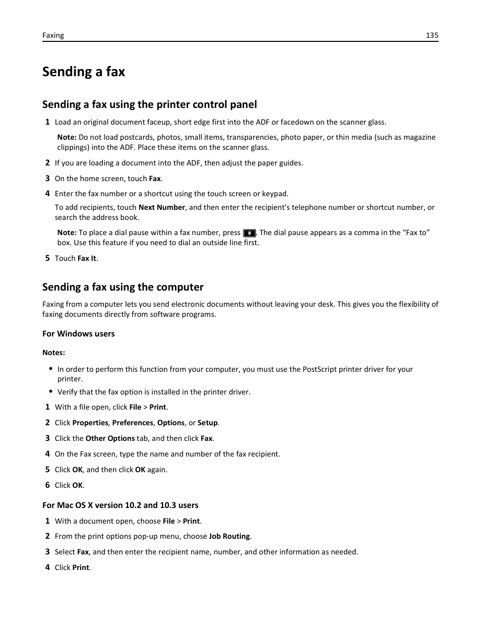 Sending a fax, Sending a fax using the printer control panel, Sending a fax using the computer | Dell 3333/3335dn Mono Laser Printer User Manual | Page 135 / 302