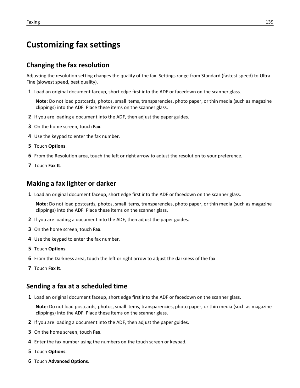 Customizing fax settings, Changing the fax resolution, Making a fax lighter or darker | Sending a fax at a scheduled time | Dell 3333/3335dn Mono Laser Printer User Manual | Page 139 / 302