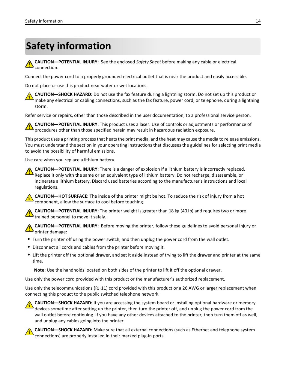Safety information | Dell 3333/3335dn Mono Laser Printer User Manual | Page 14 / 302