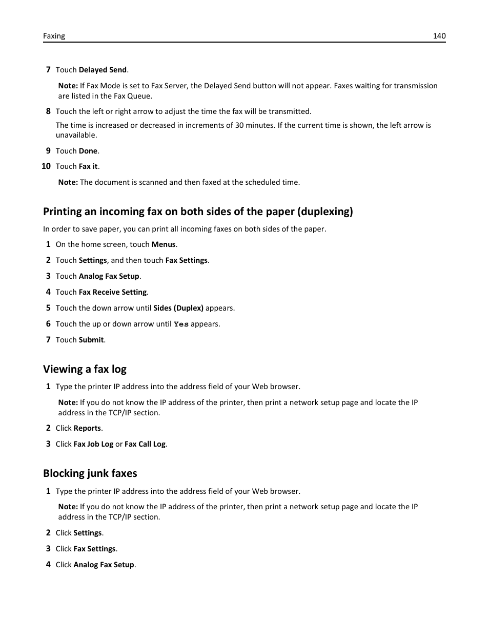 Viewing a fax log, Blocking junk faxes | Dell 3333/3335dn Mono Laser Printer User Manual | Page 140 / 302