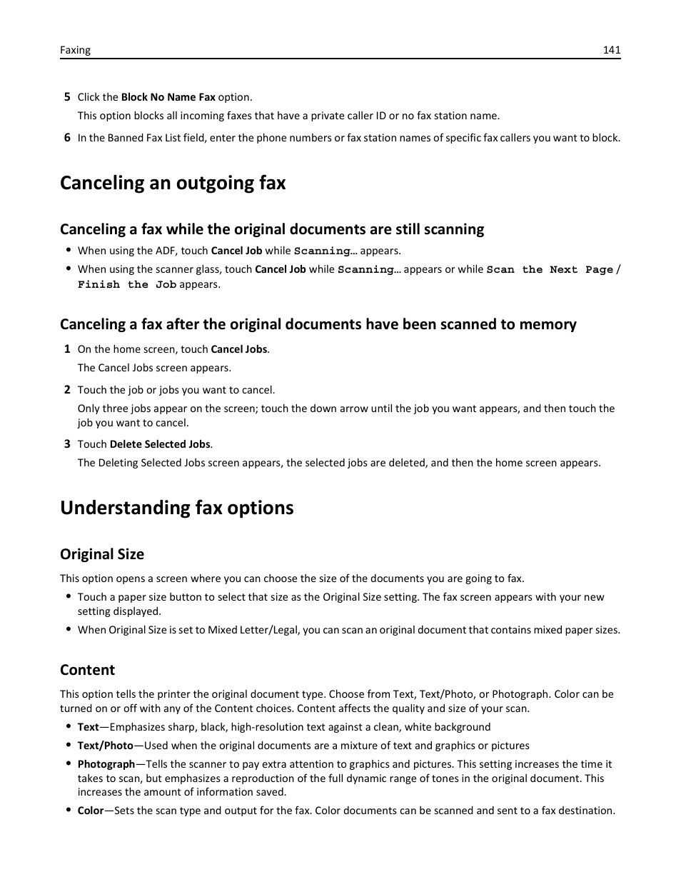 Canceling an outgoing fax, Understanding fax options, Original size | Content, Original size content | Dell 3333/3335dn Mono Laser Printer User Manual | Page 141 / 302