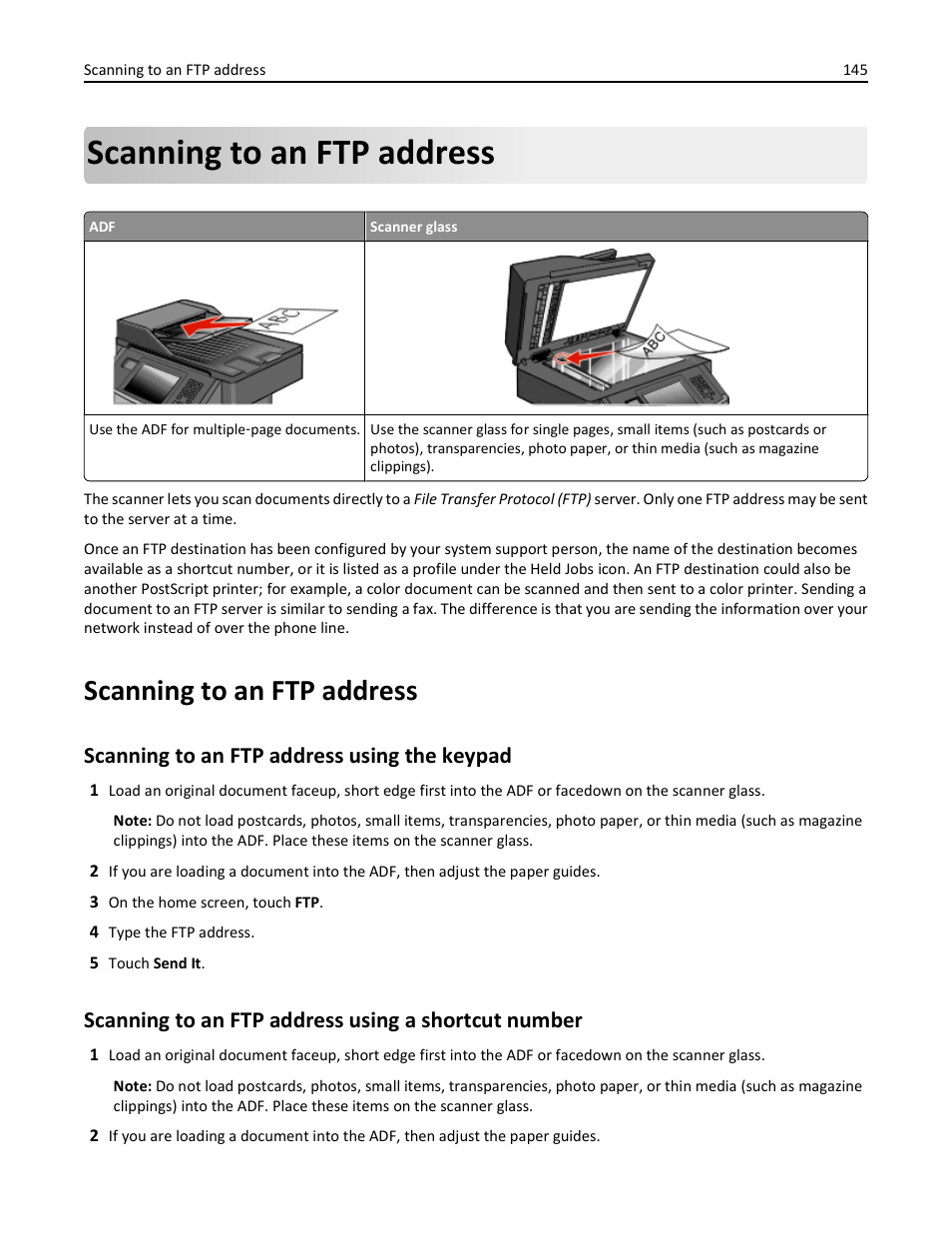 Scanning to an ftp address, Scanning to an ftp address using the keypad, Scanning to an ftp address using a shortcut number | Dell 3333/3335dn Mono Laser Printer User Manual | Page 145 / 302