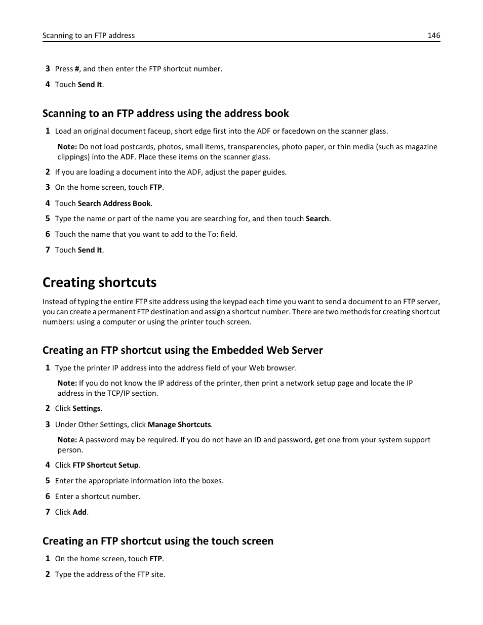 Scanning to an ftp address using the address book, Creating shortcuts, Creating an ftp shortcut using the touch screen | Dell 3333/3335dn Mono Laser Printer User Manual | Page 146 / 302
