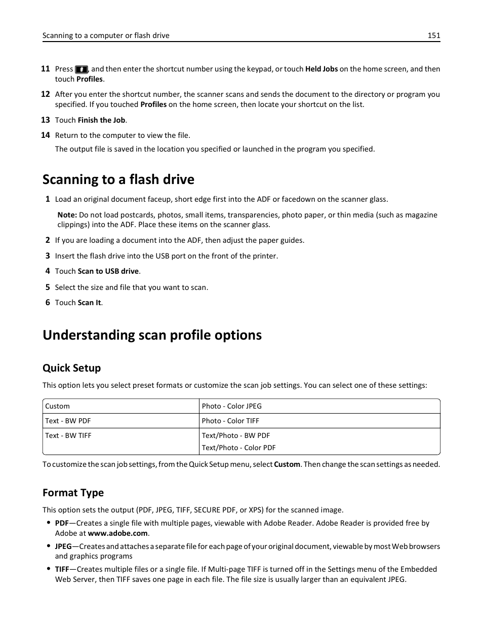 Scanning to a flash drive, Understanding scan profile options, Quick setup | Format type, Quick setup format type | Dell 3333/3335dn Mono Laser Printer User Manual | Page 151 / 302