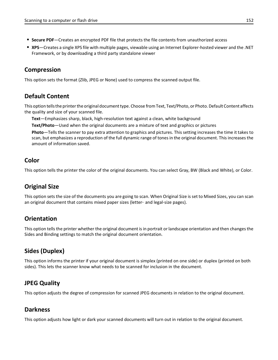 Compression, Default content, Color | Original size, Orientation, Sides (duplex), Jpeg quality, Darkness, Sides (duplex) jpeg quality darkness | Dell 3333/3335dn Mono Laser Printer User Manual | Page 152 / 302