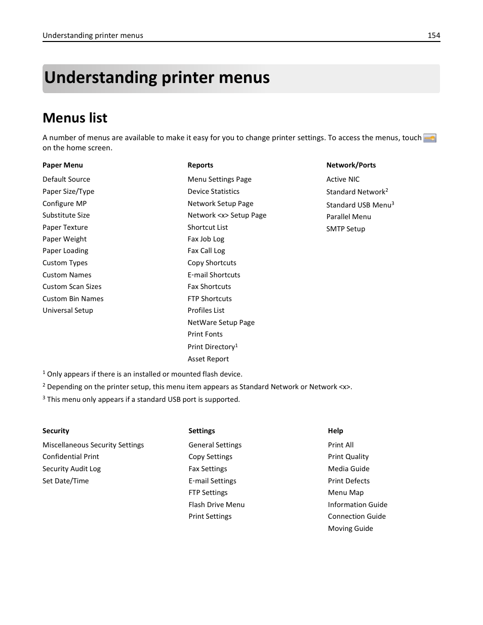 Understanding printer menus, Menus list | Dell 3333/3335dn Mono Laser Printer User Manual | Page 154 / 302