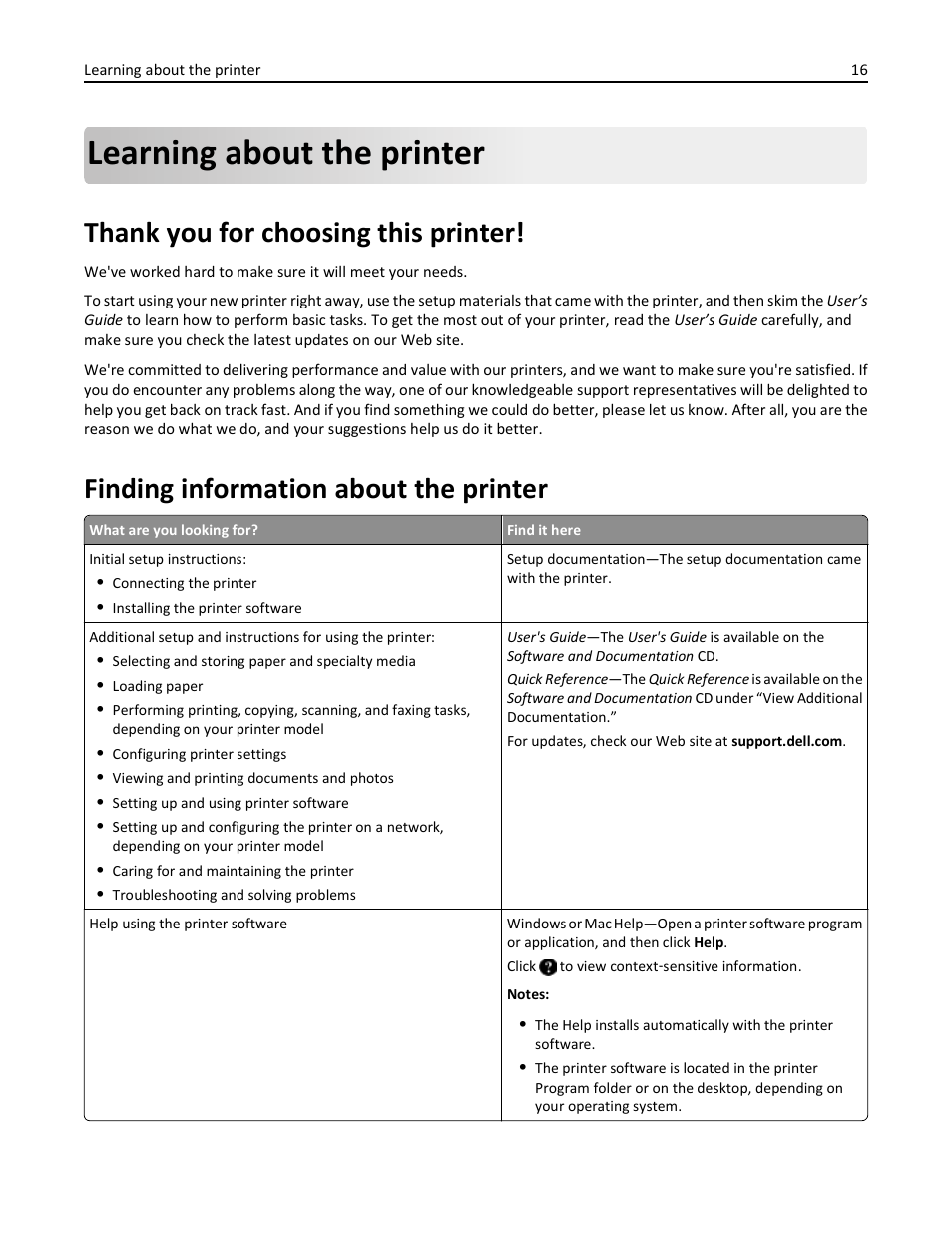 Learning about the printer, Thank you for choosing this printer, Finding information about the printer | Dell 3333/3335dn Mono Laser Printer User Manual | Page 16 / 302