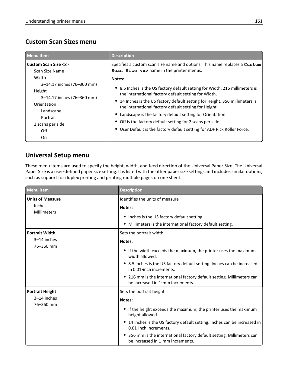 Custom scan sizes menu, Universal setup menu, Custom scan sizes menu universal setup menu | Dell 3333/3335dn Mono Laser Printer User Manual | Page 161 / 302