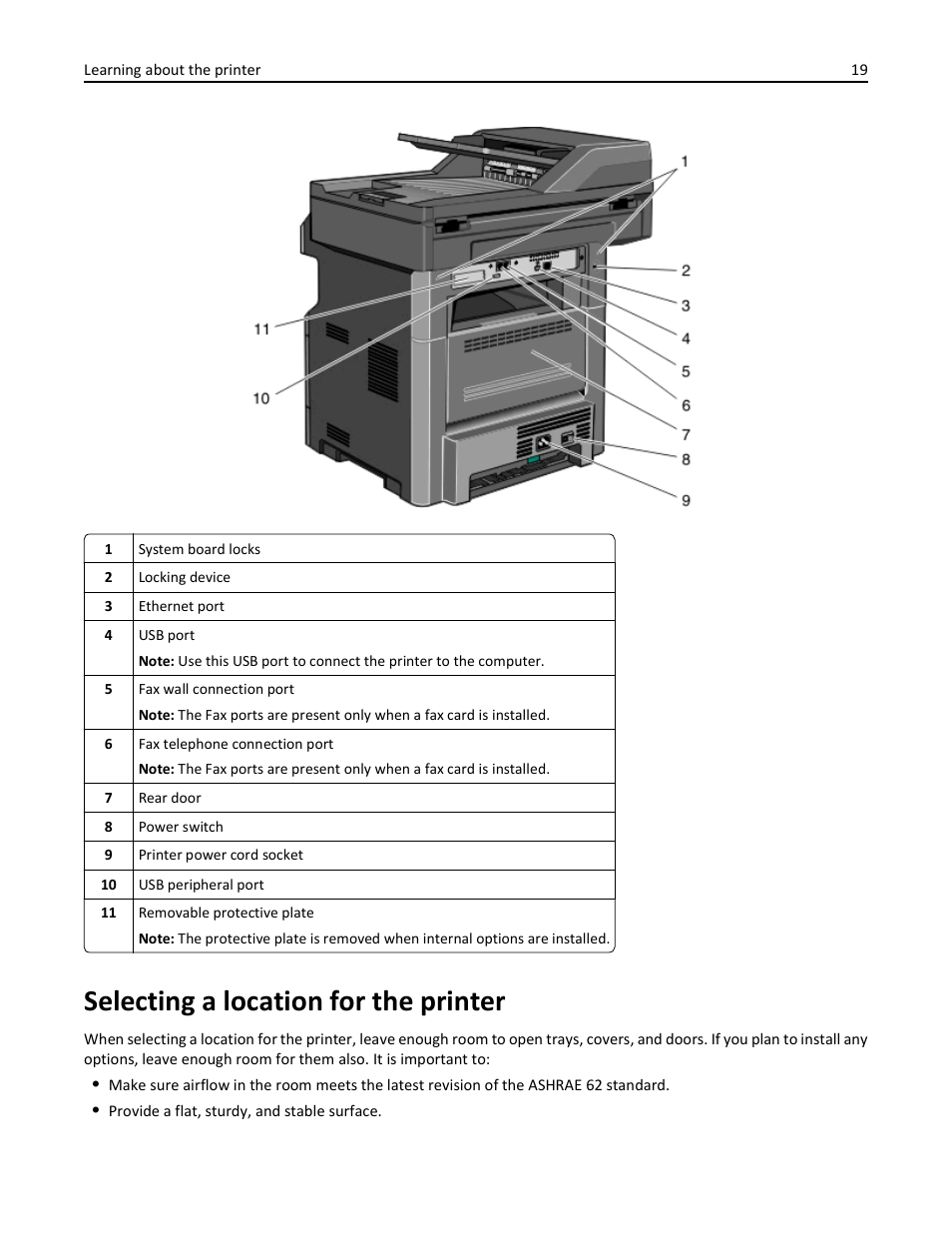 Selecting a location for the printer | Dell 3333/3335dn Mono Laser Printer User Manual | Page 19 / 302